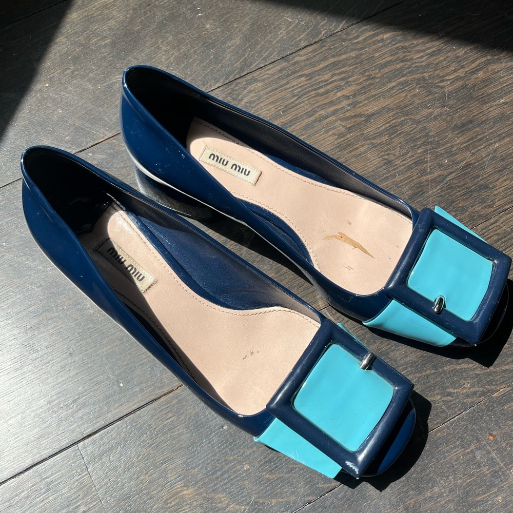 Miu Miu Patent Buckle Flats - Navy and Aqua